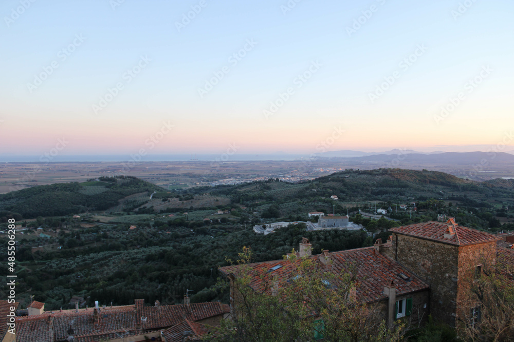 panoramic view from the Rocca San Silvestro located in the medieval village of the San Silvestro Archaeological Mines Park in Campiglia Marittima, Tuscany.