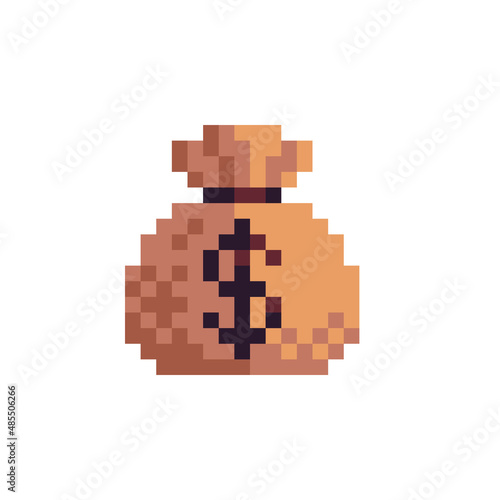 Money bag with dollar sign pixel art icon. Design for logo, sticker, mobile app, website, badges and patches. 8-bit sprite. Isolated vector illustration. 