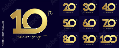 Set of anniversary simple gold logo with handwriting for celebration event. Vector illustration for birthday greeting card or jubilee invitation
