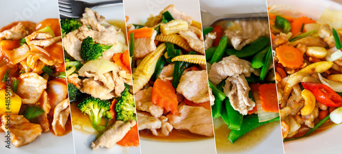 Collage from Photographs of variety Thai stir fried pork with cashew nuts, broccoli, young baby corn, green beans, sweet and sour chicken. Panorama set dishes from Thailand, asian food concept design