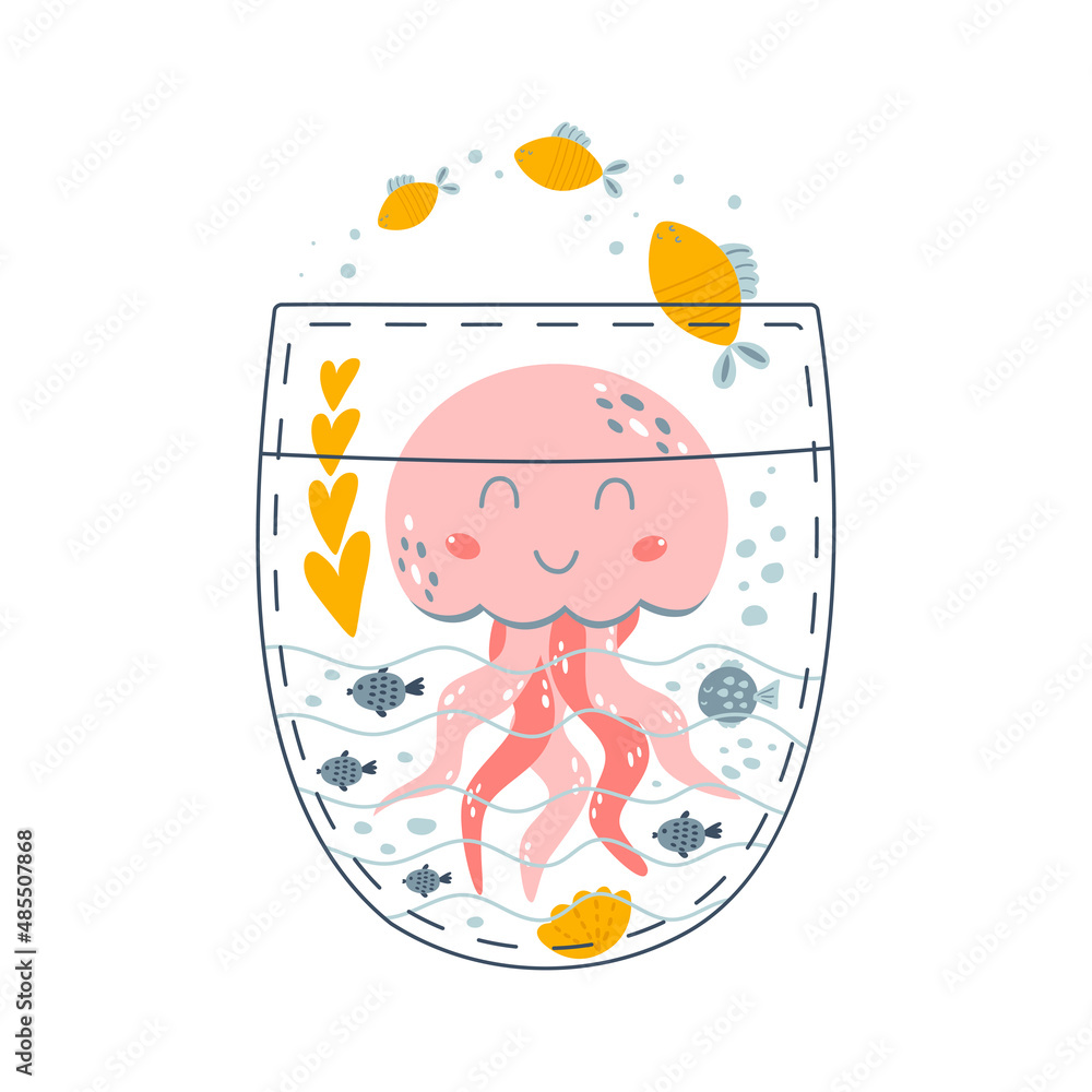 Jellyfish in pocket. Cute cartoon pink jellyfish, fish, corals, seaweeds. Underwater life picture book concept illustration. Jellufish under the sea. Ocean life logo design. Funny sea life element. Jellyfish in pocket. Cute cartoon pink jellyfish, fish, corals, seaweeds. Underwater life picture book concept illustration. Jellufish under the sea. Ocean life logo design. Funny sea life element.