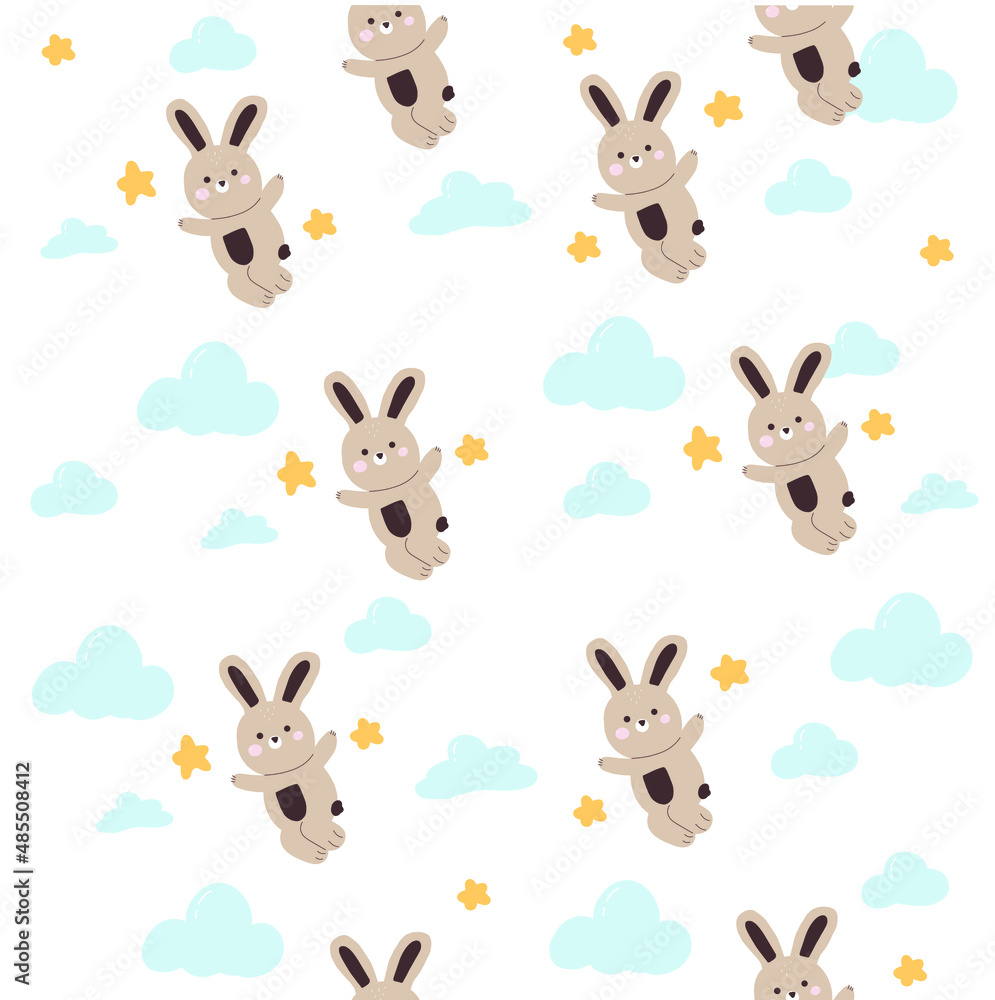 Obraz premium Cute jumping bunny on clouds with star on white background seamless pattern