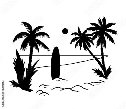 Black silhouette of seashore with palm trees and surfboard. Vacation on ocean, summer seaside resort. Vector illustration of isolated on white background