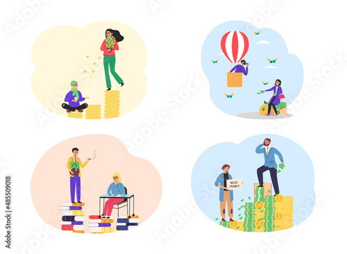 Richness and poverty set of illustrations. Rich happy man has a lot of money, poor woman counts savings. Financial success concept with cartoon thrifty person and wealthy guy. Financial superiority