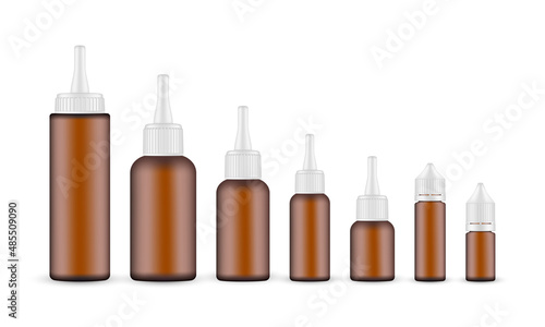 Set of Amber Cosmetic Dropper Bottles with Long Tip Cap and Dropper Unicorn Bottle, Isolated on White Background. Vector Illustration