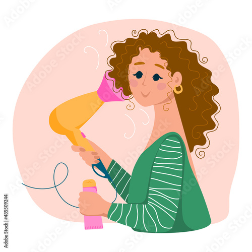 Woman with hairdryer and cosmetics for wavy, curl hair. CGM. Curly girl styling. Vector cartoon illustration.