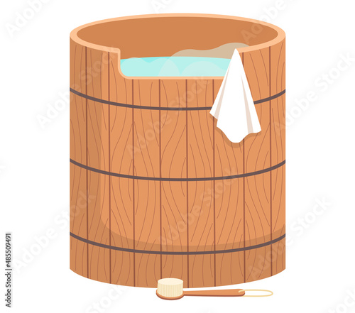 Wooden tub for bath. Pot, bucket with blue hot water, brush and towel. Sauna water basin icon. Bathhouse element bathtube. Wellness spa procedures in wooden water barrel. Vat made with plank isolated