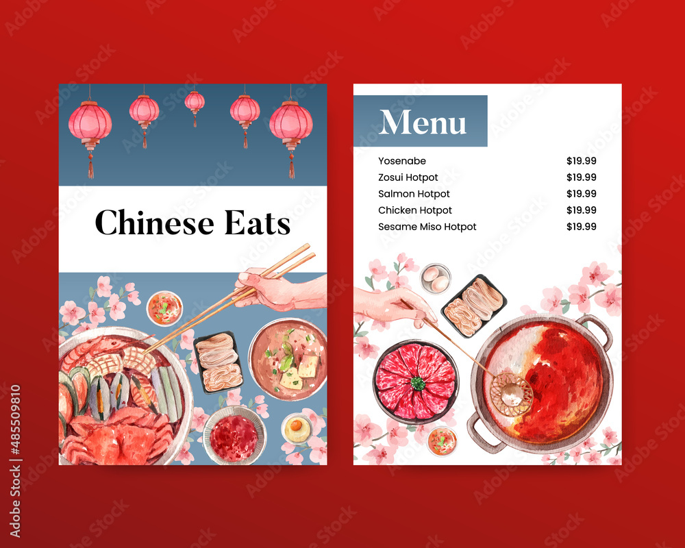Obraz premium Menu template with Chinese hotpot concept,watercolor