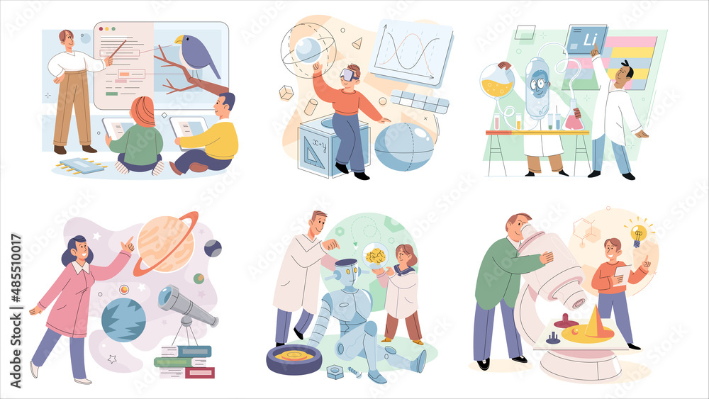 STEM education scenes set with compositions of books computers elements of scientific equipment and student gains knowledge. Children with teachers and scientist laboratory tools and robots metaphor STEM education scenes set with compositions of books computers elements of scientific equipment and student gains knowledge. Children with teachers and scientist laboratory tools and robots metaphor