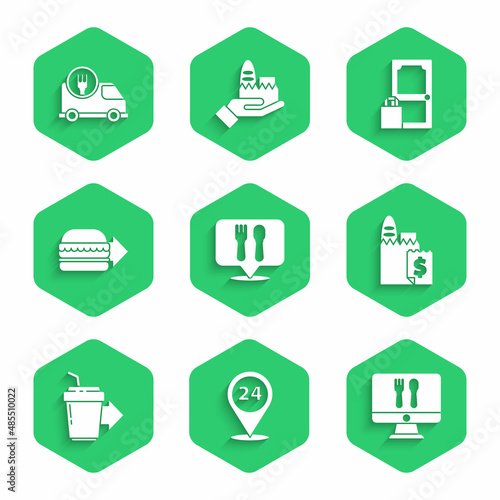 Set Cafe and restaurant location, Round the clock delivery, Online ordering, Coffee cup to go, burger, and Fast by car icon. Vector
