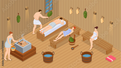 Sauna and steam room. Set of people in sauna. People relax and steam with birch brooms in traditional russian stove for female and male. Finnish bathhouse. Public sauna, Friends in spa resort