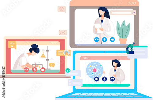 Online doctor conference, consultation via your smartphone. Concept for medical app and websites. Remote meetings of scientists conferring on fight against viruses and scientific researches