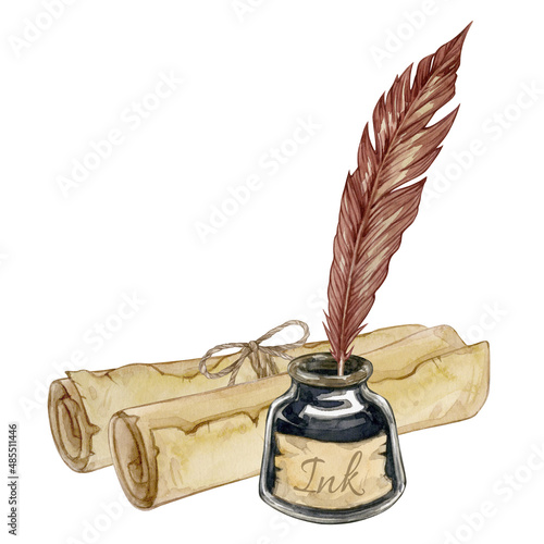Bild auf Leinwand Watercolor illustration of vintage feather pen and inkwell with old scrolls isolated on white background