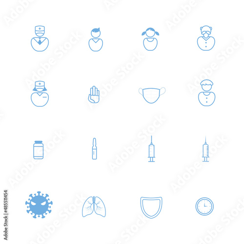 Set of covid simbols and icons. Blue color.