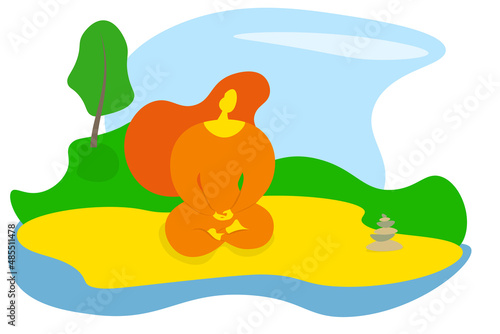 Woman meditation on beach. Flat simple design.