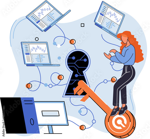 Woman works with personal data protection program. Key in keyhole and internet network. Hacking security system and logging into account. Work with digital technology, antivirus, secure software