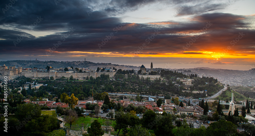 Sky view of an amazing dramatic sunrise over Jerusalem old city in Israel