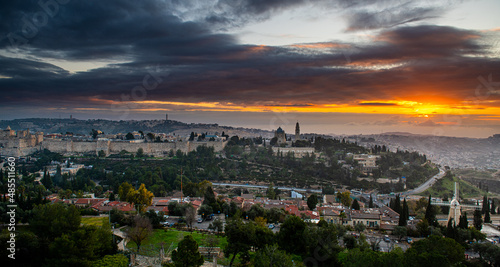 Sky view of an amazing dramatic sunrise over Jerusalem old city in Israel
