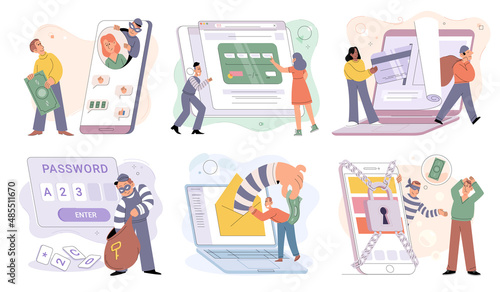 Internet fraud and scam concept. Online hackers phishing, cyber crime, theft of personal data, password cracking, bank information and money, secure payments, protected access, hacker attack metaphor