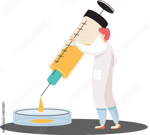 Scientist conducts scientific researches, virologist in lab, holding vaccine, syringe and wearing medical suit. Coronavirus vaccine complete development. Medicines for treatment, doctor with injection