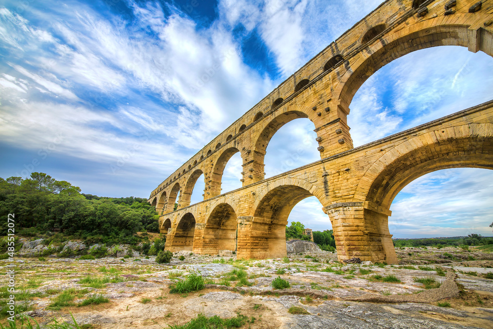 The Aqueduct Pont du Gard Crossing the Gardon River, Occitanie, France
