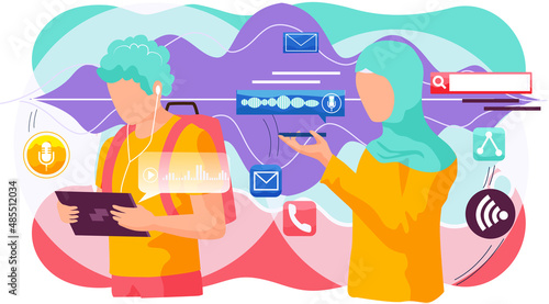 Voice assistant. Smart speaker virtual assistant, sound robot, people using voice controlled smart speaker. Voice activate digital assistant identification control contactless mobile device microphone