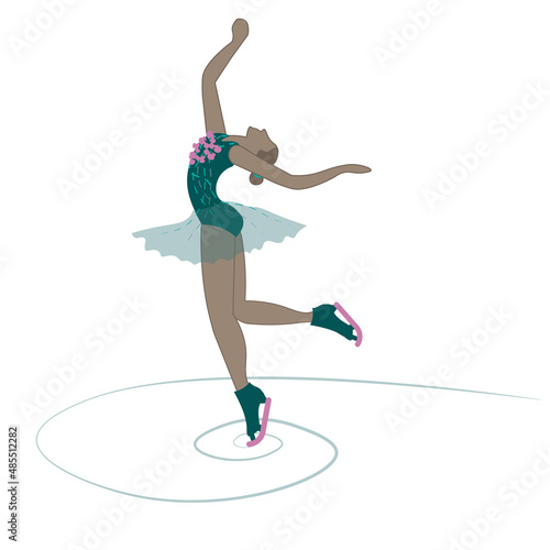 Young female ice skater performs rotation. Figure skating