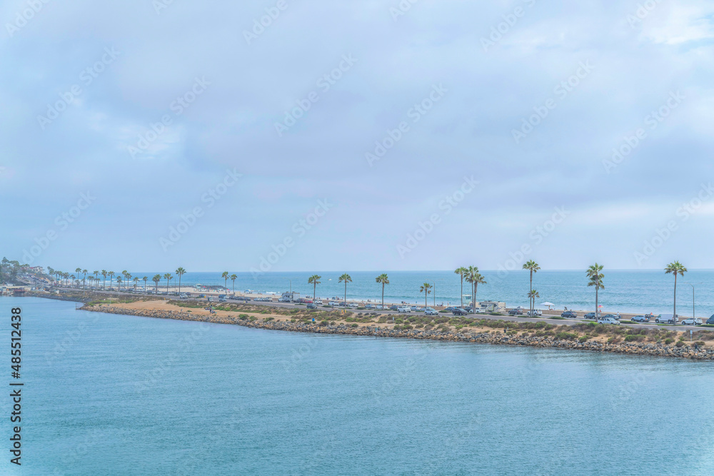 View of Agua Hedionda Lagoon near the beach and road in the middle at Carlsbad, San Diego, CA