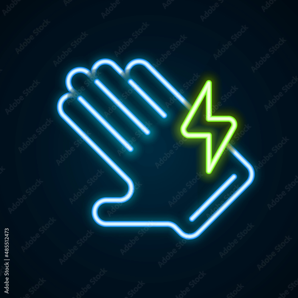 Glowing neon line Electric glove icon isolated on black background. Safety gloves, hand protection. Colorful outline concept. Vector Glowing neon line Electric glove icon isolated on black background. Safety gloves, hand protection. Colorful outline concept. Vector