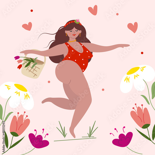 Bodypositive happy Girl in underwear with flowers