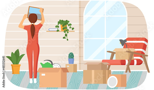 Family moving to new house, people moving to new house, carrying things to apartment, changing place of residence, relocation. Unpacking things after shipping, decorating home. Rental of premises