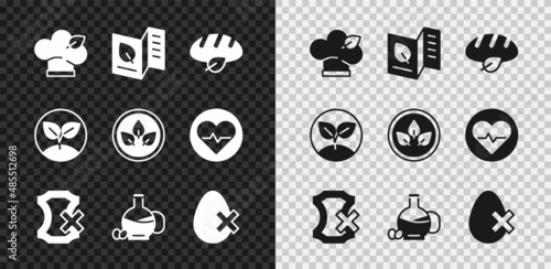 Set Vegan food diet, Vegetarian menu, bread loaf, No leather, Bottle of olive oil, egg, Sprout and icon. Vector