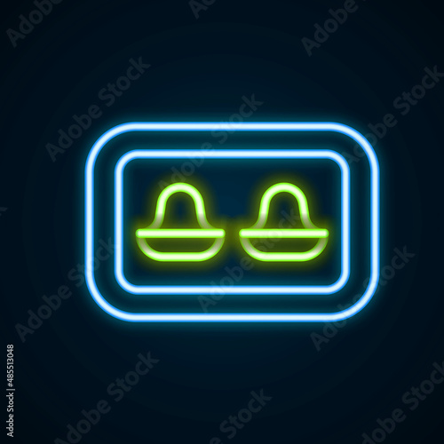 Glowing neon line Earplugs with storage box icon isolated on black background. Ear plug sign. Noise symbol. Sleeping quality concept. Colorful outline concept. Vector