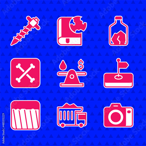 Set Oil money, Mining dump truck, Photo camera, Flag, Ground, Archeology, Ore mining and Construction jackhammer icon. Vector