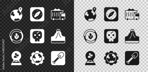 Set Location on the globe, Compass, Mining dump truck, Exhibition with minerals, rocks, Gear wheels and earth, Shovel, Soil analysis and Archeology icon. Vector