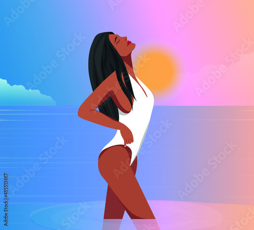 Digital illustration of a beautiful tanned girl in a white swimsuit, resting on vacation, swimming in the ocean at sunset