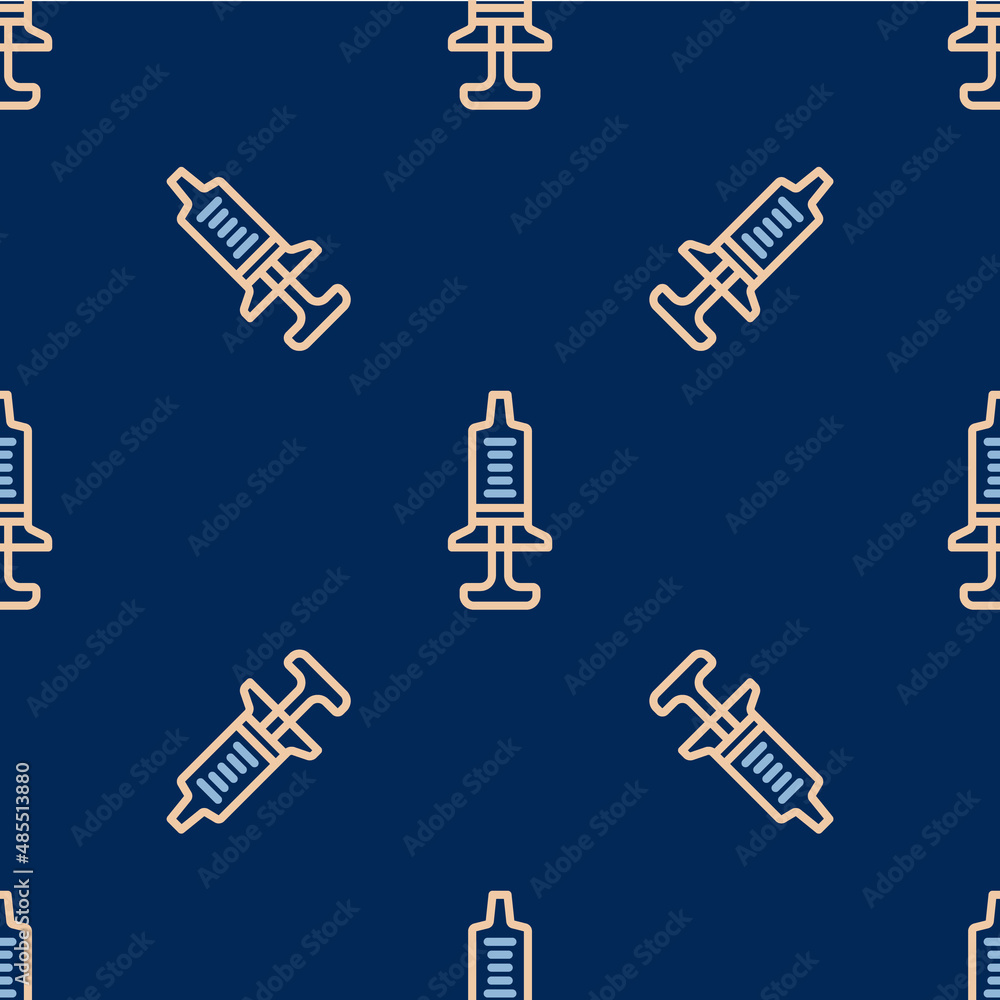 Line Syringe icon isolated seamless pattern on blue background. Syringe for vaccine, vaccination, injection, flu shot. Medical equipment. Vector Line Syringe icon isolated seamless pattern on blue background. Syringe for vaccine, vaccination, injection, flu shot. Medical equipment. Vector
