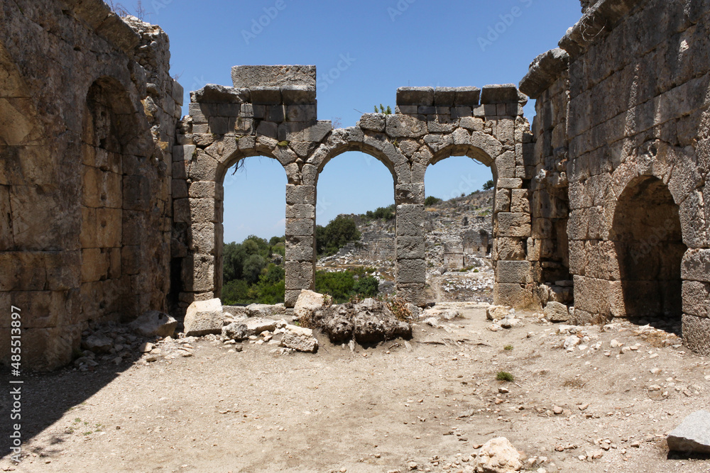 Fethiye, Mugla, Turkey - June 16 2014: Ancient ruins in Tlos against open sky
