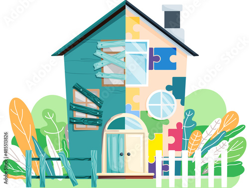 Home renovation, house before and after repair. New and old suburban cottage. Remodel construction. Old run-down house remodeled into cute traditional suburban cottage. Building maintenance service