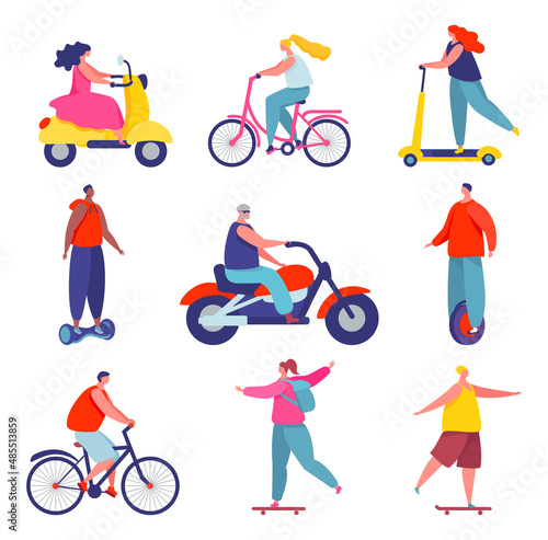 Active characters on skateboard and scooter and bicycle. Young people on different vehicles as hoverboard and electric unicycle. Street summer activities, outdoor transport vector set