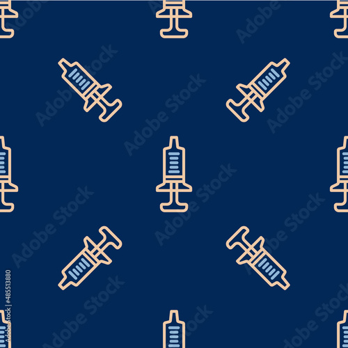 Line Syringe icon isolated seamless pattern on blue background. Syringe for vaccine, vaccination, injection, flu shot. Medical equipment. Vector