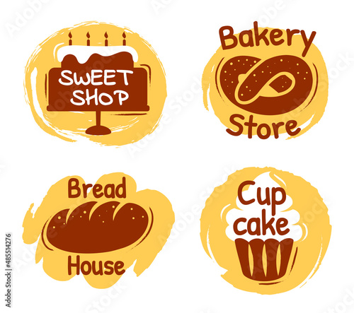 Bakery lettering logo  sweet shop  bread house labels. Bakery store logotype with pretzel. Cupcake sign for confectionery vector. Badges with cooked food made of flour set isolated on white