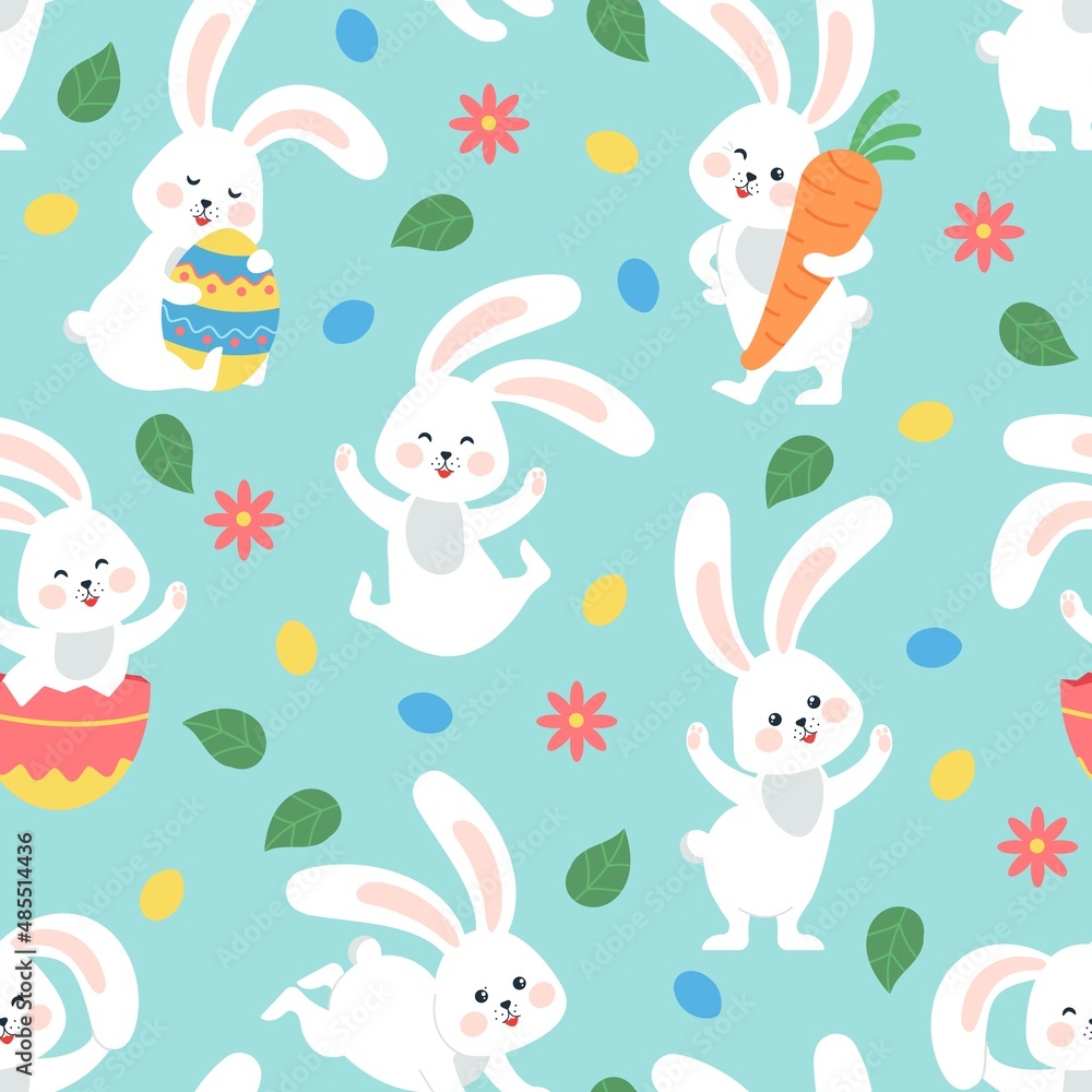 Easter bunny seamless pattern. Toddler bunnies, spring flourish festive background. Rabbit with eggs and flowers, cartoon hare decent vector print design Easter bunny seamless pattern. Toddler bunnies, spring flourish festive background. Rabbit with eggs and flowers, cartoon hare decent vector print design