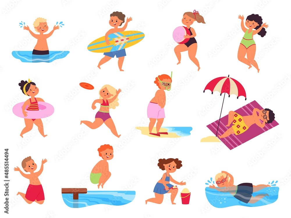 Children beach characters. Seaside kids, summer play child. Ocean holiday travel, isolated kid swimming and water sport training, decent vector set
