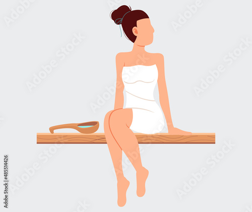 Woman sitting and relaxing in sauna isolated on white. Bathhouse or banya. Wellness spa procedures. Female character in hot steam bath resting alone. Girl takes care of health, enjoys in steam-room