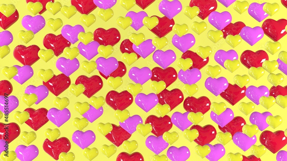 3D image. Festive yellow background with colorful hearts. Lots of red, yellow and pink hearts. Valentine's Day greeting card. 3D rendering. 3D illustration. 3D image. Festive yellow background with colorful hearts. Lots of red, yellow and pink hearts. Valentine's Day greeting card. 3D rendering. 3D illustration.