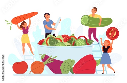 People salad cooking. Cook veggie recipes, natural food eating lifestyle. Healthy meal, rustic vegetable dish. Tiny people on vegan kitchen, decent vector concept