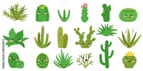 Cute cactus. Happy cacti with kawaii faces. Isolated plant patches, decorative cartoon stickers for kids. Funny desert succulents decent vector characters