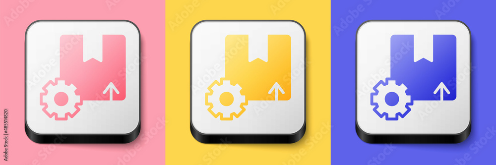 Isometric Gear wheel with package box icon isolated on pink, yellow and blue background. Box, package, parcel sign. Delivery and packaging. Square button. Vector Isometric Gear wheel with package box icon isolated on pink, yellow and blue background. Box, package, parcel sign. Delivery and packaging. Square button. Vector
