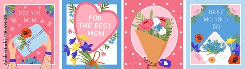 Mother day floral cards. Flower card with bouquet and hands. Happy surprise for mom, fun poster with spring summer garden plants. Gift postcards decent vector set